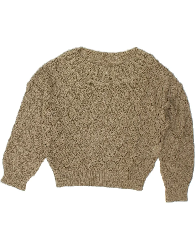 VINTAGE Womens Crop Boat Neck Jumper Sweater UK 16 Large Beige Linen Herringbone Houndstooth Plaid