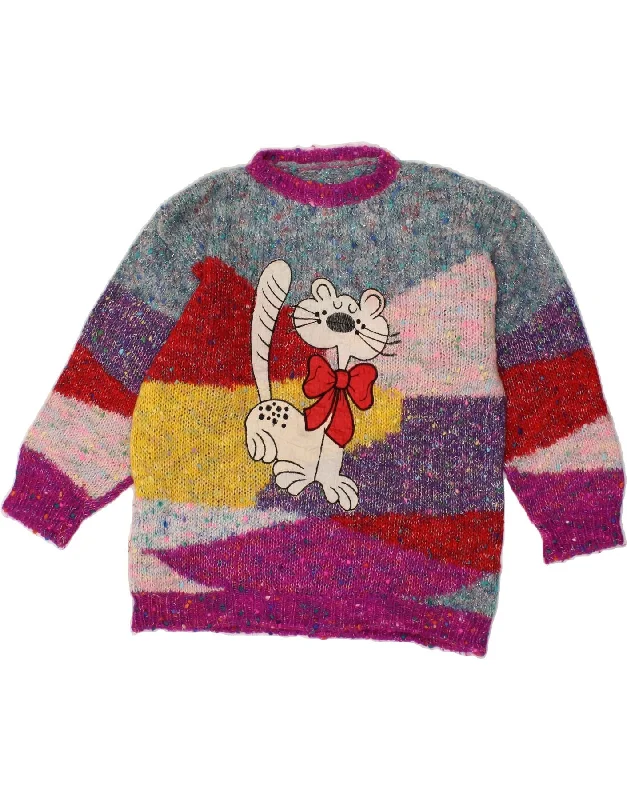 VINTAGE Womens Graphic Boat Neck Jumper Sweater UK 14 Large Multicoloured Nylon Fabric Polyester Fabric Spandex Fabric