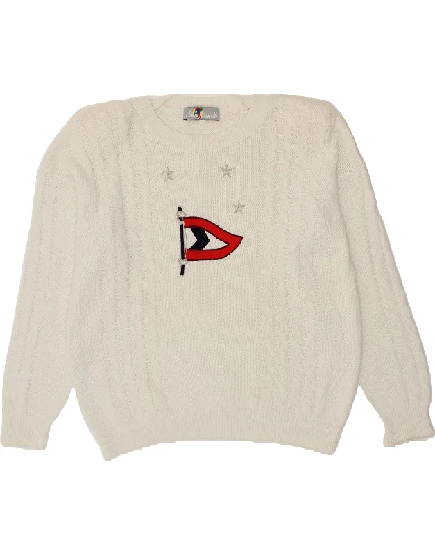 VINTAGE Womens Graphic Boat Neck Jumper Sweater UK 16 Large White Solid Print Embellished