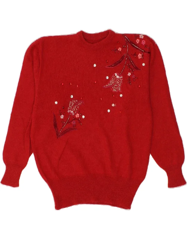 VINTAGE Womens Graphic Crew Neck Jumper Sweater UK 14 Medium Red Floral Lightweight Heavyweight Midweight