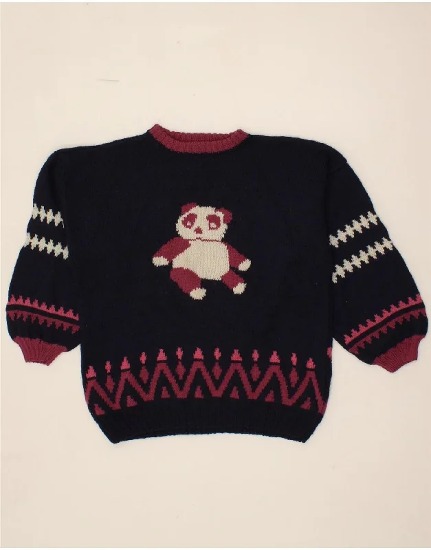 VINTAGE Womens Graphic Crew Neck Jumper Sweater UK 18 XL Navy Blue Solid Color Striped Floral Print
