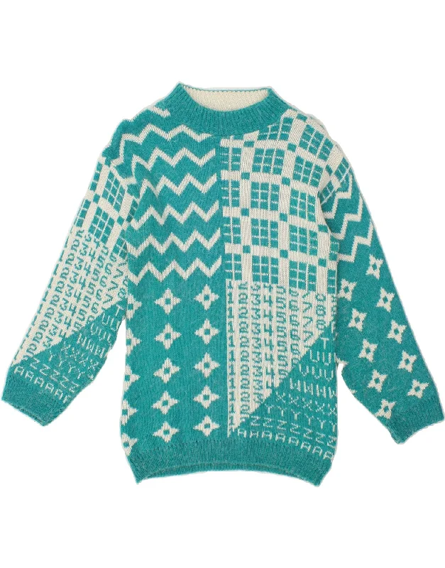 VINTAGE Womens Graphic Turtle Neck Jumper Sweater UK 12 Medium Turquoise Faux Fur Fabric Real Fur Fabric Shearling Fabric VINTAGE Womens Graphic Turtle Neck Jumper Sweater UK 12 Medium Turquoise Faux Fur Fabric Real Fur Fabric Shearling Fabric