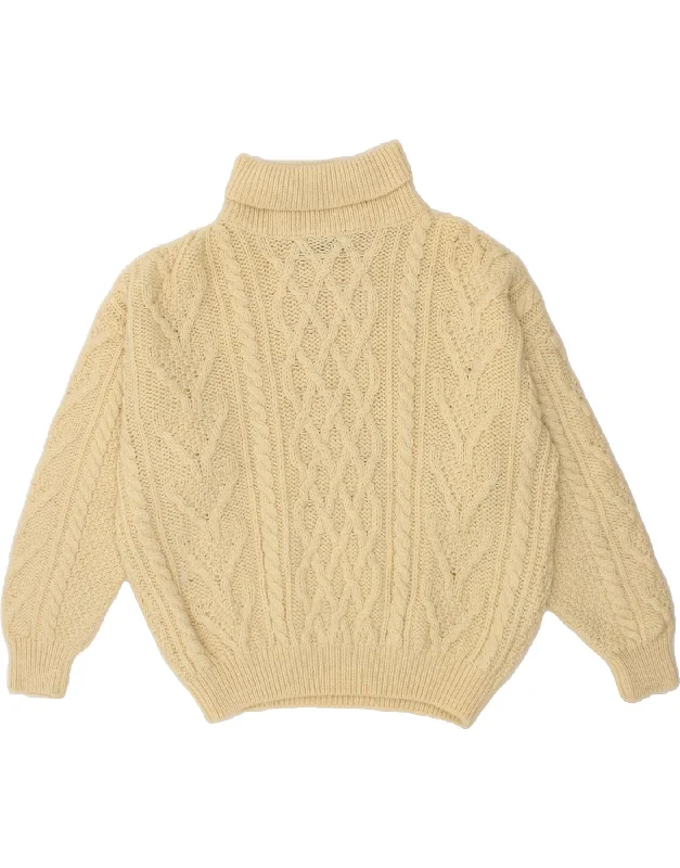 VINTAGE Womens Oversized Roll Neck Jumper Sweater UK 14 Medium Beige Ribbed Striped Patterned
