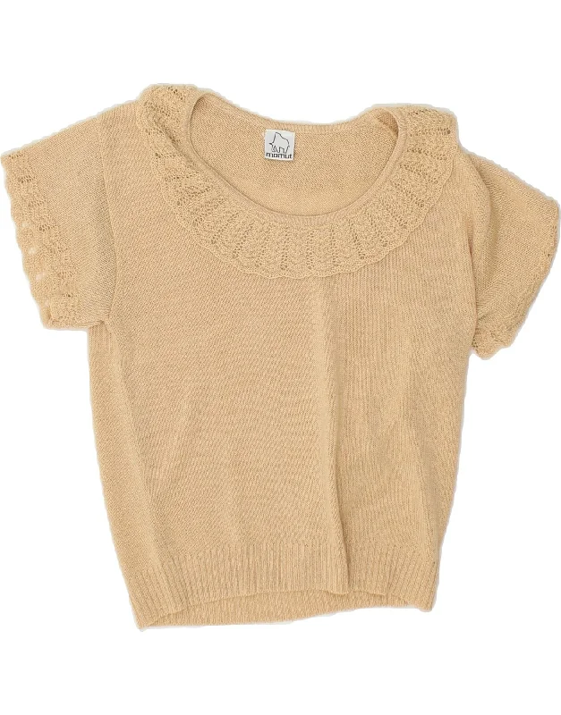 VINTAGE Womens Short Sleeve Boat Neck Jumper Sweater EU 40 Medium Beige Embroidered Appliqued Beaded VINTAGE Womens Short Sleeve Boat Neck Jumper Sweater EU 40 Medium Beige Embroidered Appliqued Beaded