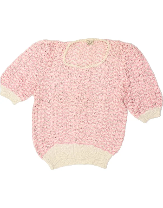 VINTAGE Womens Short Sleeve Boat Neck Jumper Sweater UK 14 Medium Pink Print Jacquard Patchwork