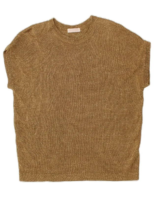 VINTAGE Womens Short Sleeve Crew Neck Jumper Sweater UK 16 Large Brown Denim Fabric Leather Fabric Suede Fabric VINTAGE Womens Short Sleeve Crew Neck Jumper Sweater UK 16 Large Brown Denim Fabric Leather Fabric Suede Fabric