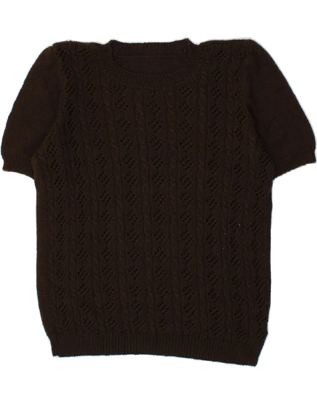 VINTAGE Womens Short Sleeve Crew Neck Jumper Sweater UK 16 Large Brown Velvet Chenille Corduroy