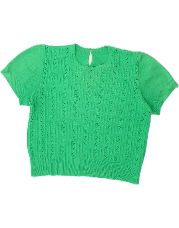 VINTAGE Womens Short Sleeve Crew Neck Jumper Sweater UK 16 Large Green