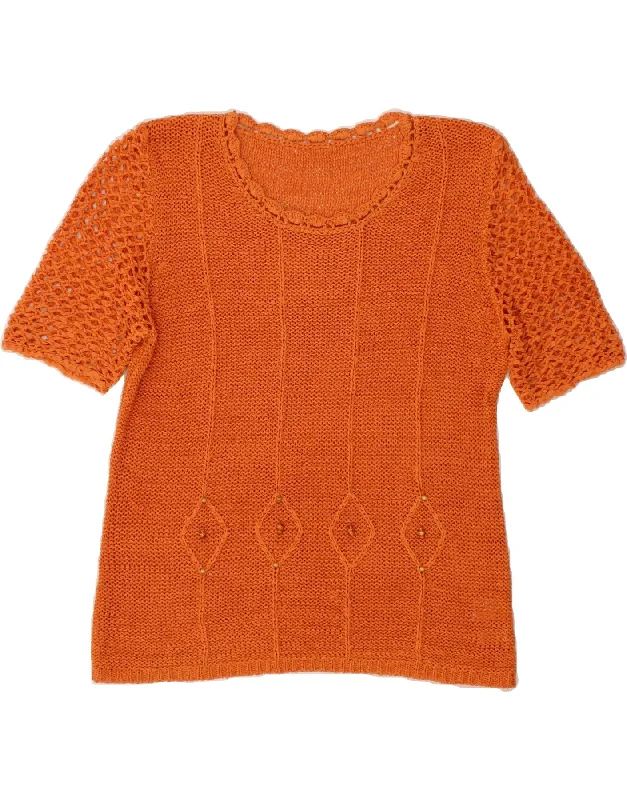 VINTAGE Womens Short Sleeve Crew Neck Jumper Sweater UK 16 Large Orange