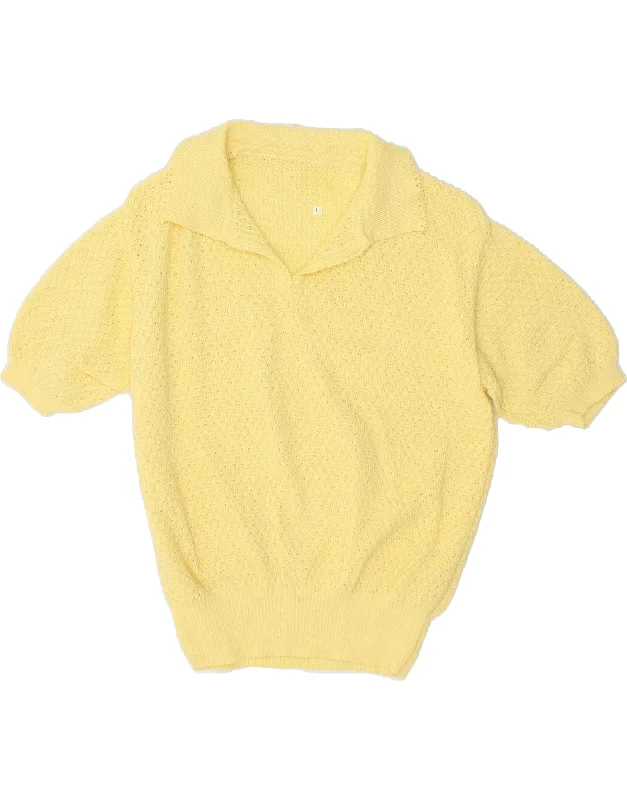VINTAGE Womens Short Sleeve Polo Neck Jumper Sweater UK 14 Large Yellow Cashmere Blend Cotton Blend Poly Blend VINTAGE Womens Short Sleeve Polo Neck Jumper Sweater UK 14 Large Yellow Cashmere Blend Cotton Blend Poly Blend