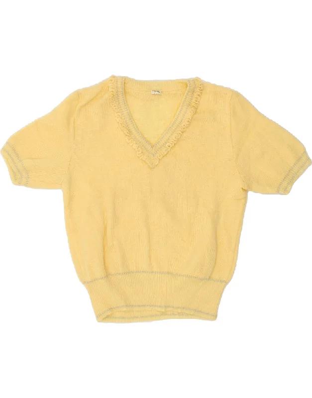 VINTAGE Womens Short Sleeve V-Neck Jumper Sweater UK 12 Medium Yellow Nylon Fabric Polyester Fabric Spandex Fabric