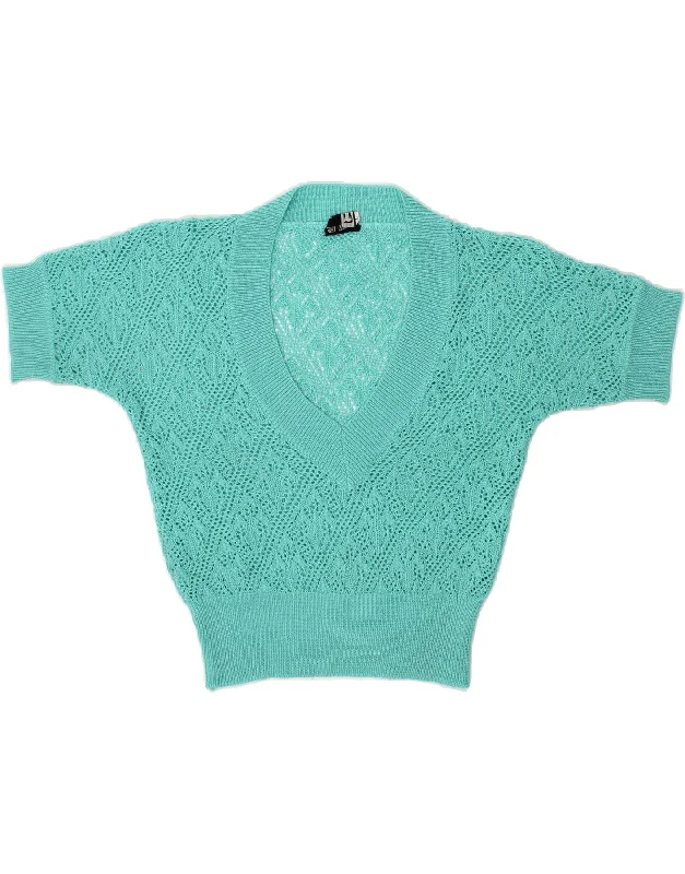 VINTAGE Womens Short Sleeve V-Neck Jumper Sweater UK 14 Large Turquoise