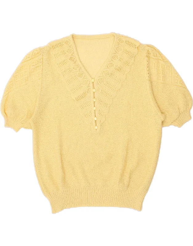 VINTAGE Womens Short Sleeve V-Neck Jumper Sweater UK 14 Medium Yellow