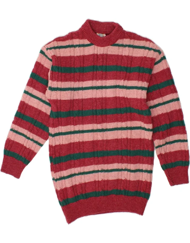 VINTAGE Womens Turtle Neck Jumper Sweater UK 14 Medium Red Striped Spandex Blend Rayon Blend Denim Blend