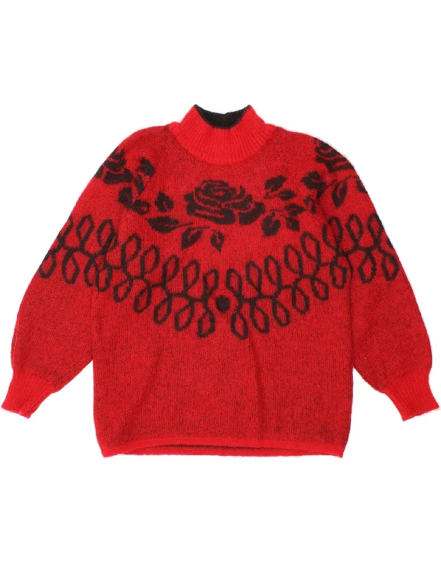 VINTAGE Womens Turtle Neck Jumper Sweater UK 18 XL Red Floral Mohair Real Fur Shearling Chenille