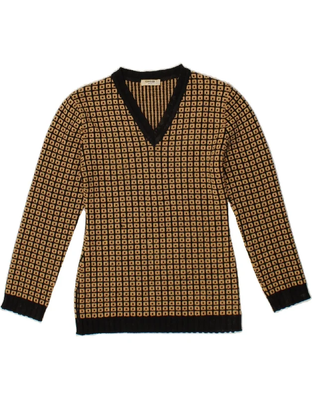 VINTAGE Womens V-Neck Jumper Sweater UK 14 Medium Brown Geometric Cashmere Beaded Sweater Sequined Faux Fur