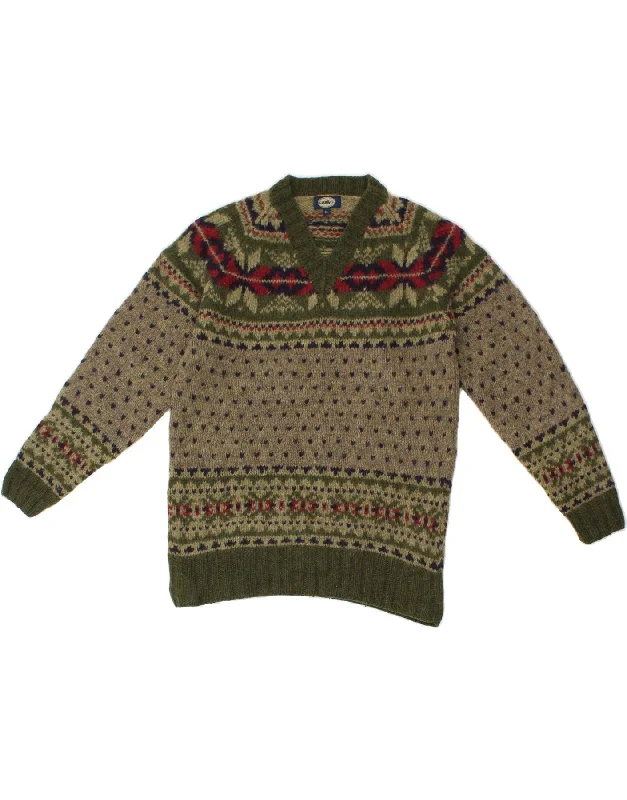 VINTAGE Womens V-Neck Jumper Sweater UK 14 Medium Khaki Fair Isle Wool Silk Blend Satin Velvet