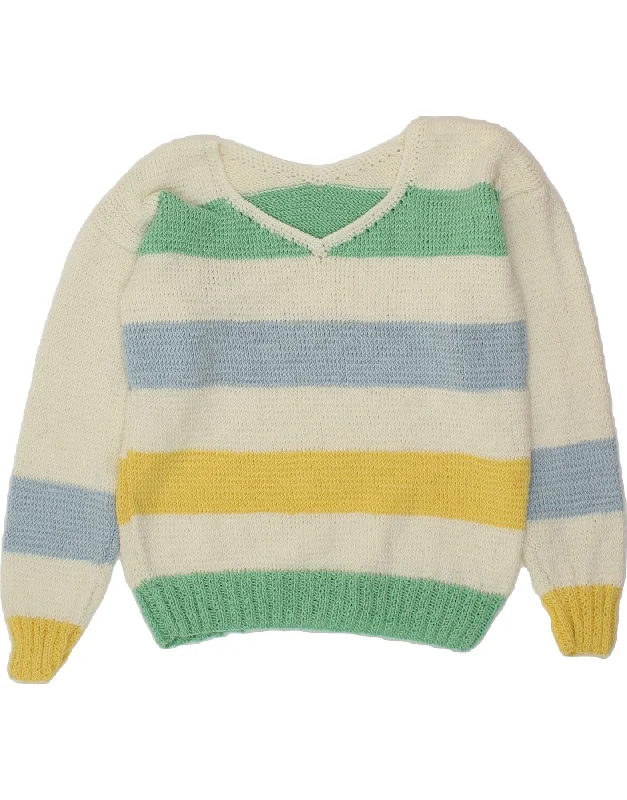 VINTAGE Womens V-Neck Jumper Sweater UK 14 Medium Multicoloured Striped