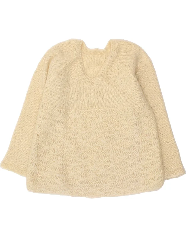 VINTAGE Womens V-Neck Jumper Sweater UK 16 Large Beige Embroidered Appliqued Beaded