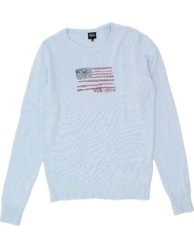 WOOLRICH Womens Graphic Crew Neck Jumper Sweater UK 12 Medium Blue Cotton Turtle Neck Boat Neck Asymmetrical Neck