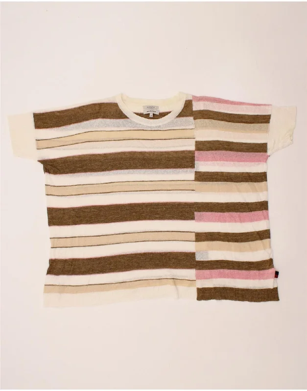 WOOLRICH Womens Oversized Crew Neck Jumper Sweater UK 6 XS Grey Striped Sequined Glittery Shiny
