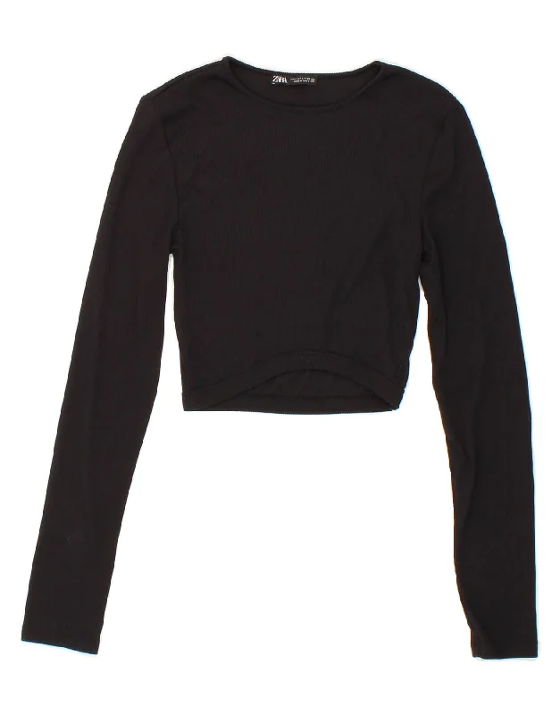ZARA Womens Crop Boat Neck Jumper Sweater UK 8 Small Black Polyester Fleece Sweater Nylon Polyester