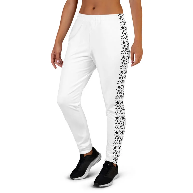 Black Stars Women's Joggers, Black White Ladies Skinny Dressy Sweatpants-Made in EU