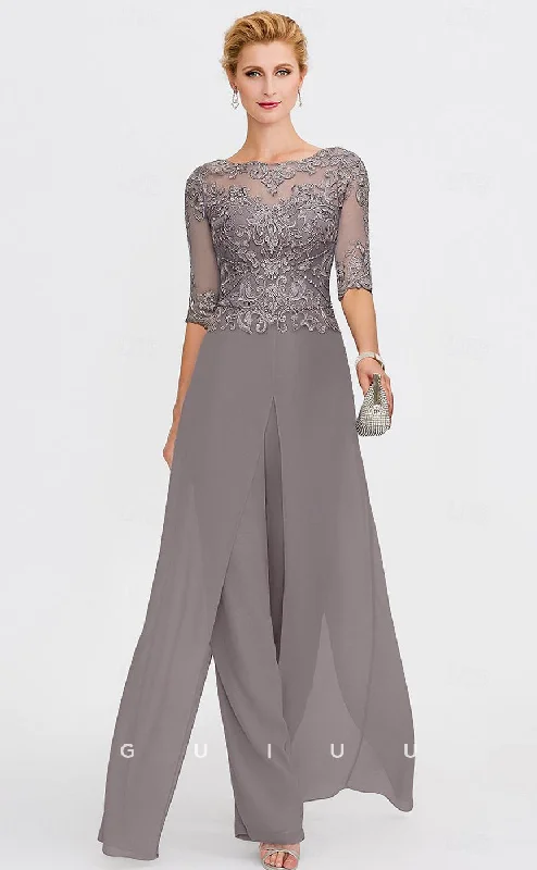 GM020 -  Elegant Pantsuit Scoop Neck Sequines Half Sleeves Ankle Length Chiffon Formal Wedding Guest Mother of the Bride Dress