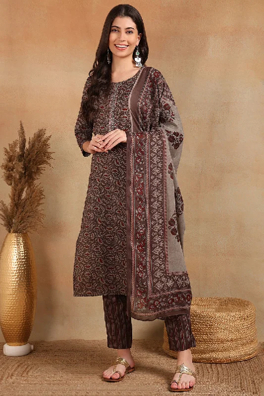 Grey Rayon Blend Ethnic Motifs Printed Straight Trouser Suit Set