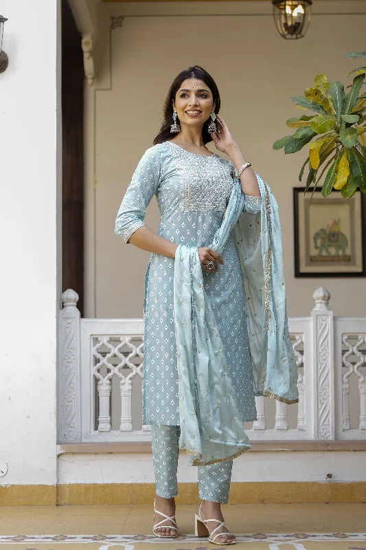 Women Blue Embroidered Straight Kurta With Trouser And Dupatta