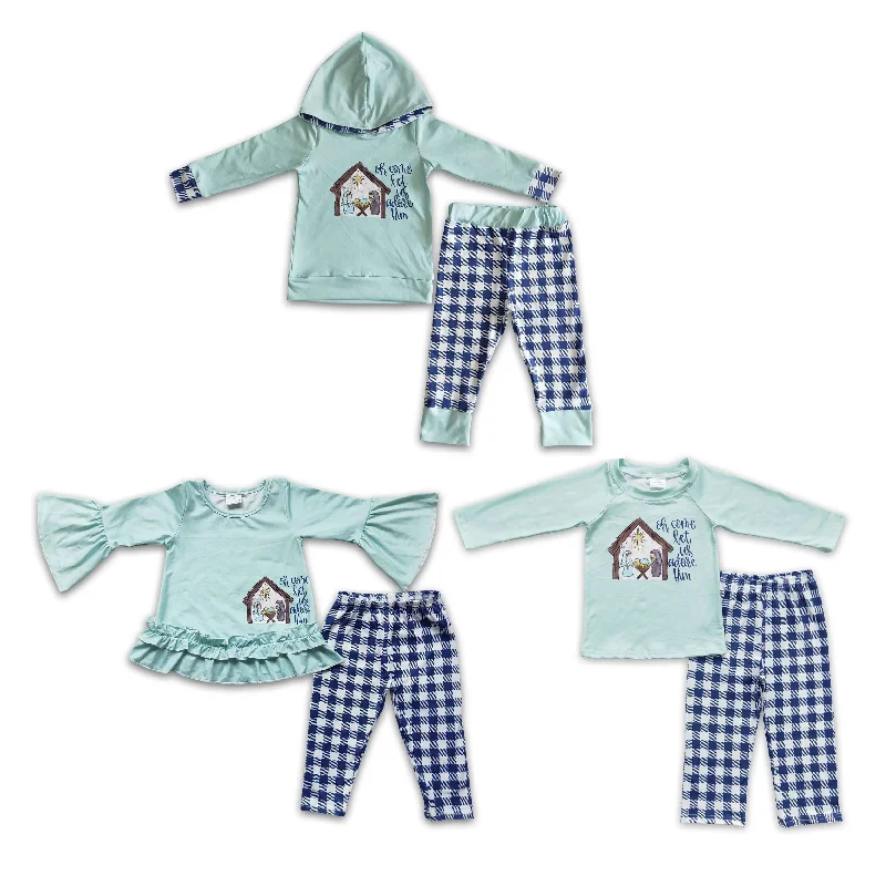 RTS NO MOQ 6 C11-18  6 A4-1  6 C10-27  Embroidered Wooden House Mint Green Long Sleeve Top & Blue Plaid Trousers Set