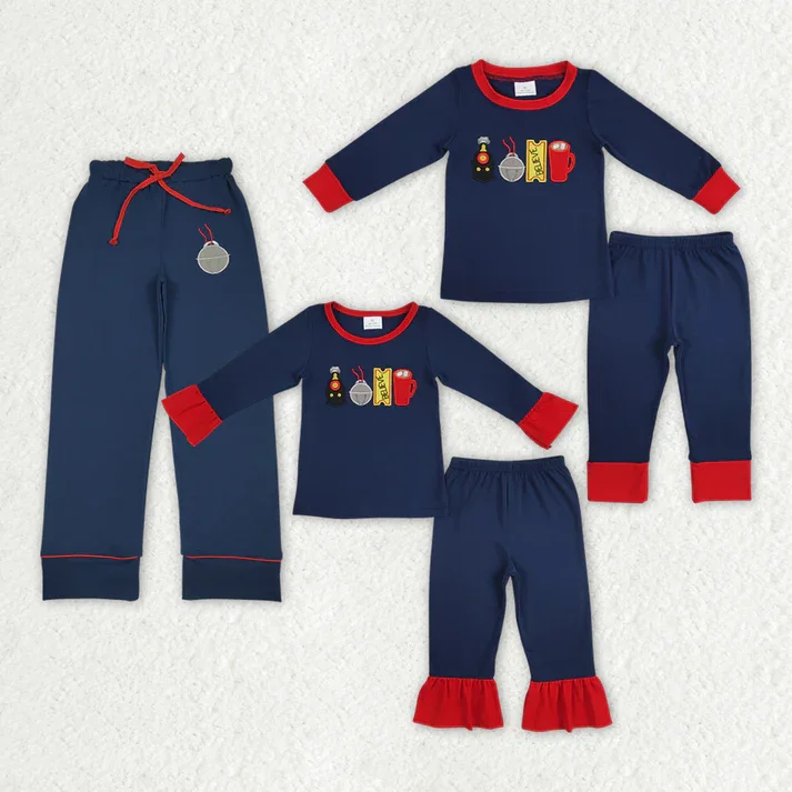 RTS NO MOQ Embroidered train-bell-card-cup pattern dark blue long-sleeved suit & adult trousers