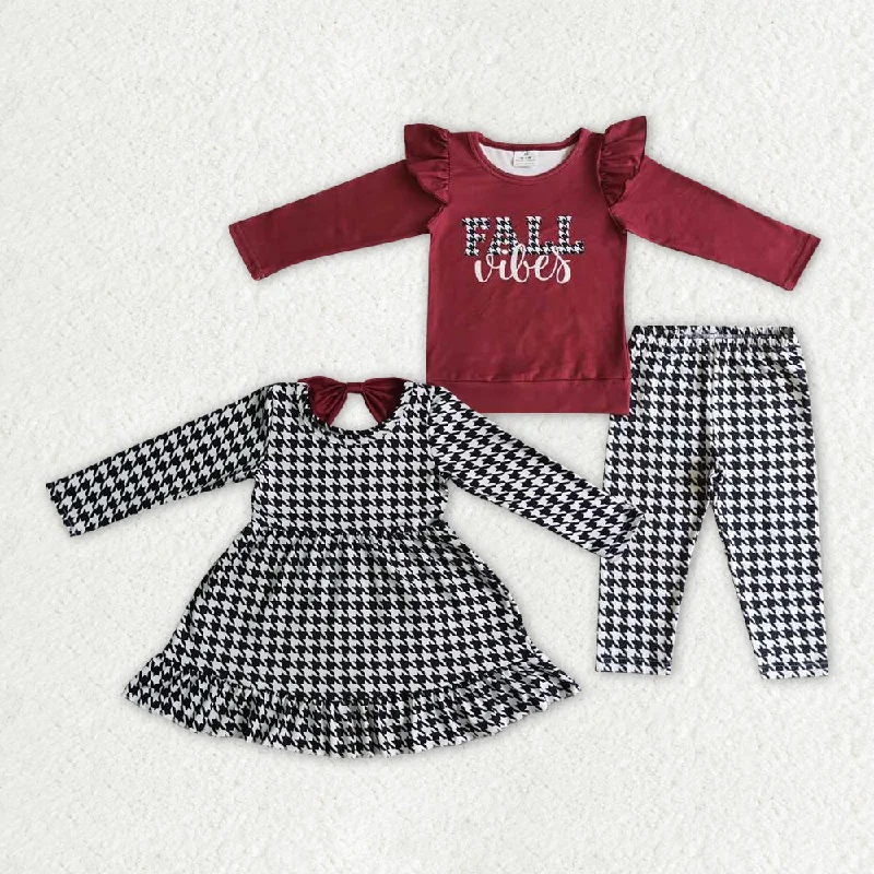 RTS NO MOQ GLD0109     GLP0256 Girls FALL red long-sleeved houndstooth trouser suit