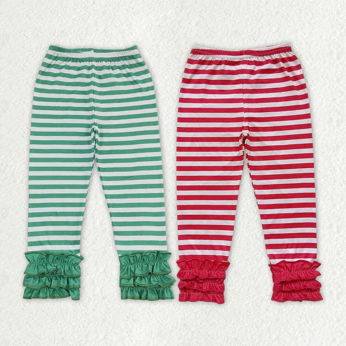 RTS NO MOQ Triple Lace Hem Stripe Trousers: Green & Red