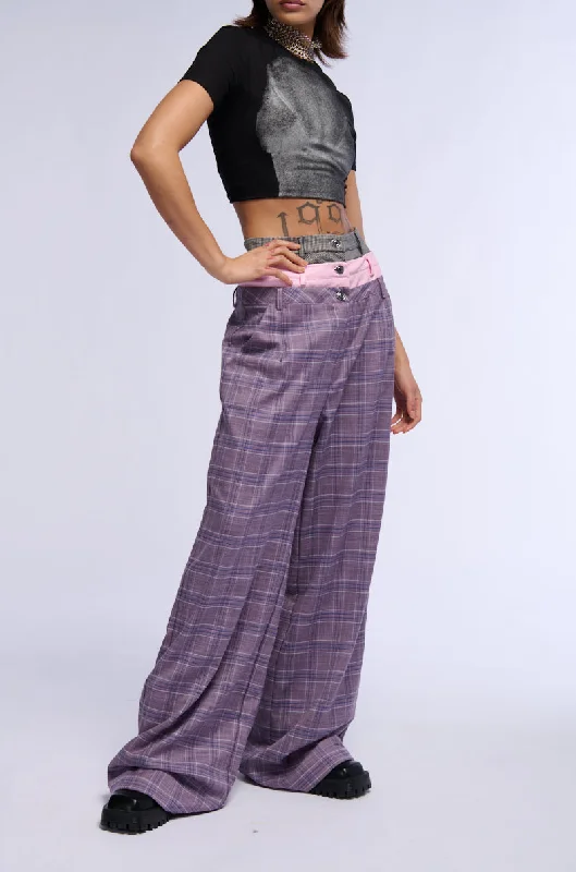 SPECIAL DAY PLAID AND PU WIDE LEG TROUSER