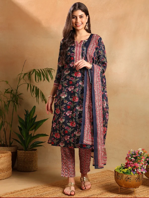 Women Navy Blue Rayon Blend Floral Printed Straight Kurta Trousers With Dupatta