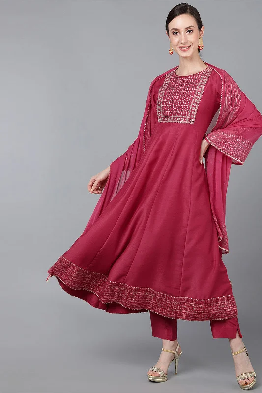 Rose Poly Silk Solid Yoke Design Kurta Trousers With Dupatta